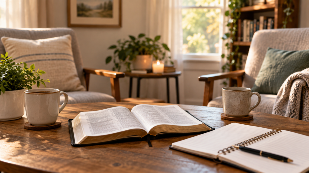 Bíblia aberta, caderno e duas cadeiras em ambiente acolhedor para conversa e apoio.