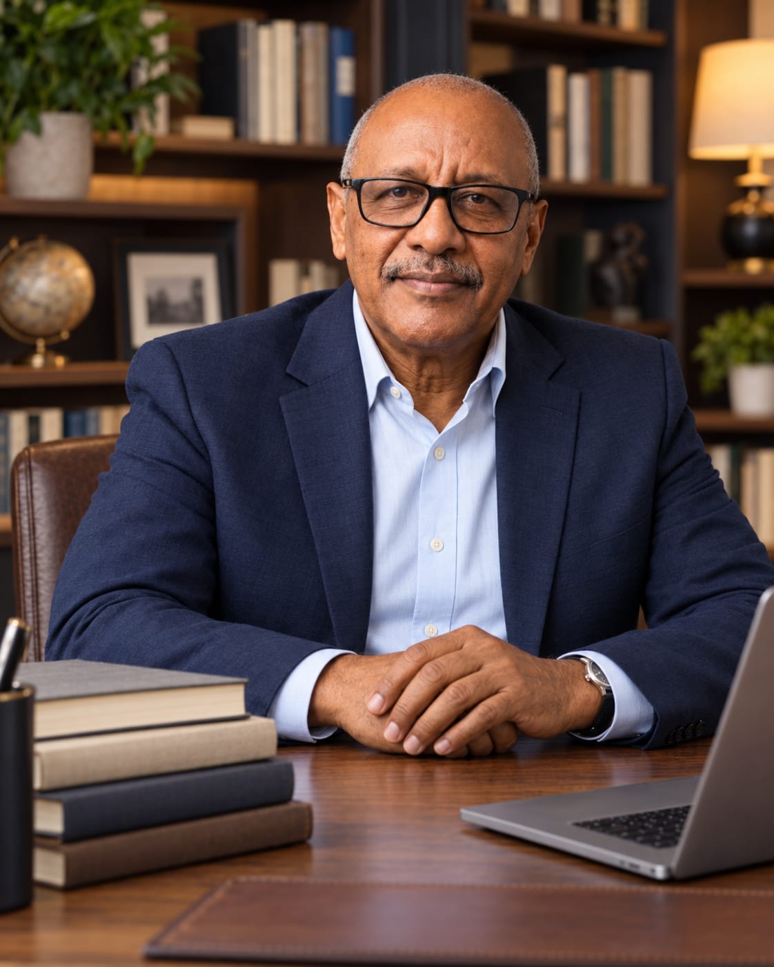 Pastor Adilson Batista sentado a mesa com livros e computador