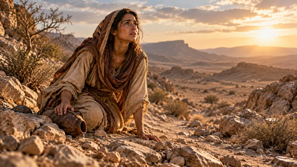 Agar em contexto bíblico no deserto, representando sua jornada em Gênesis 16 e 21