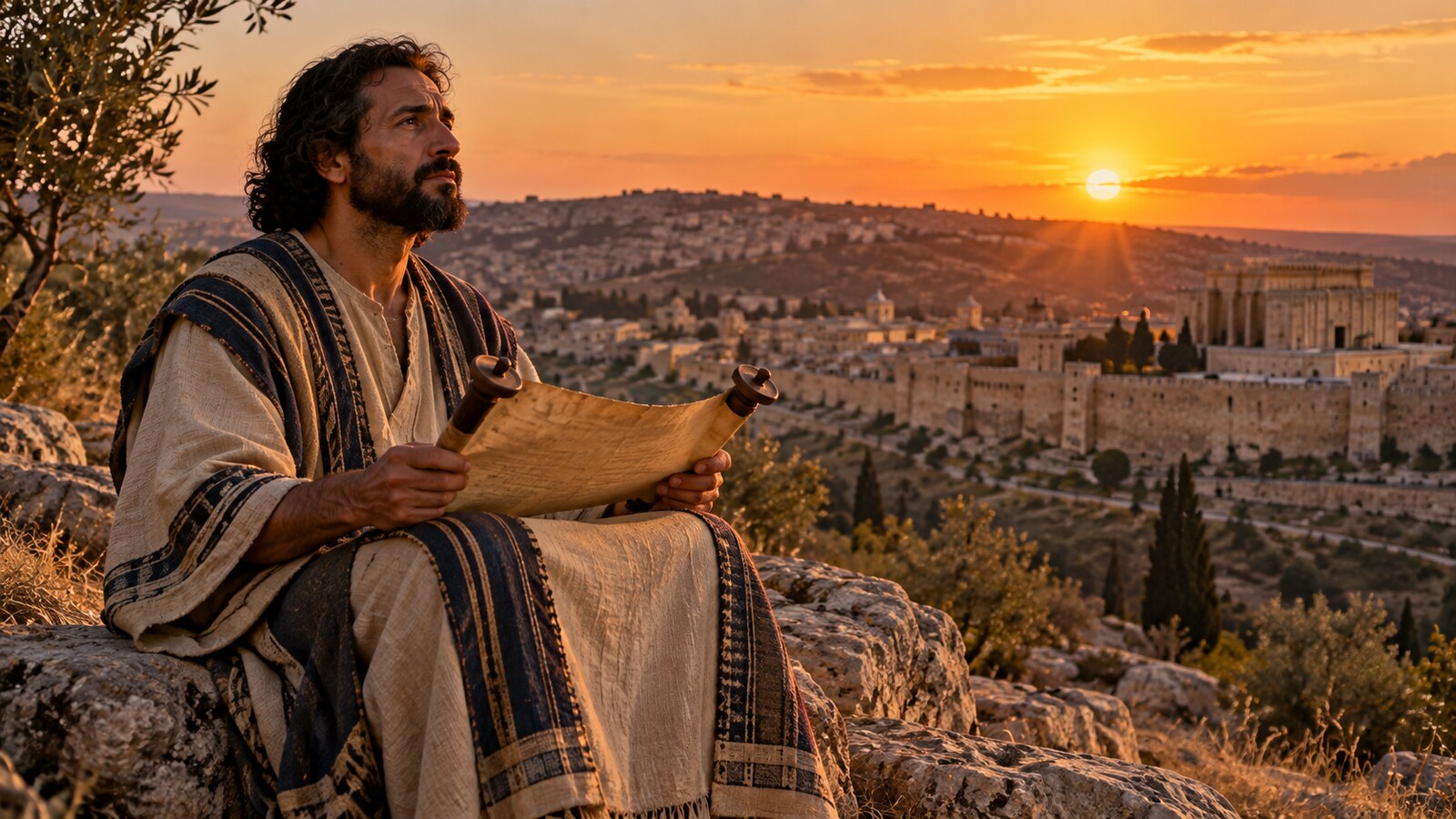 Asafe reflete com um pergaminho diante de Jerusalém