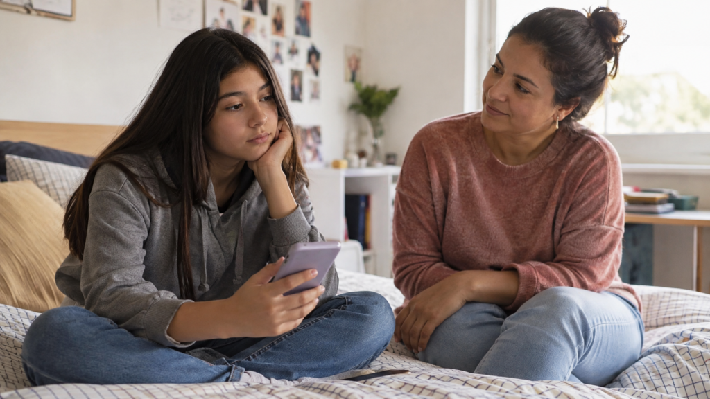Adolescente usando o celular enquanto recebe presença e apoio da mãe.