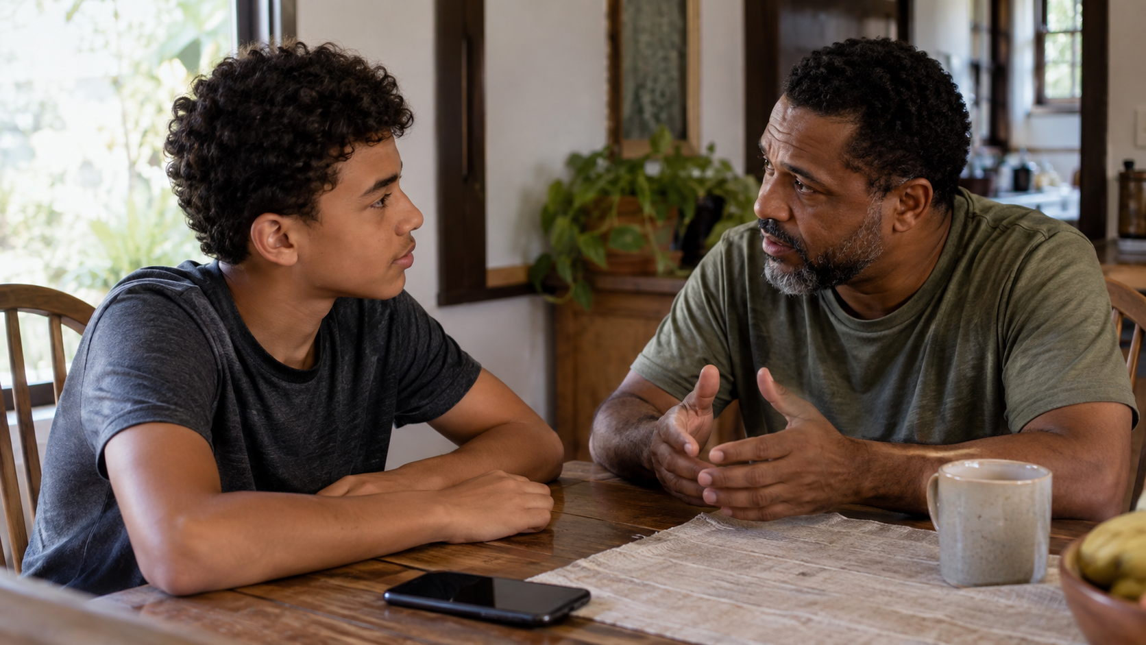 Pai conversando com o filho adolescente sobre redes sociais e autoestima.