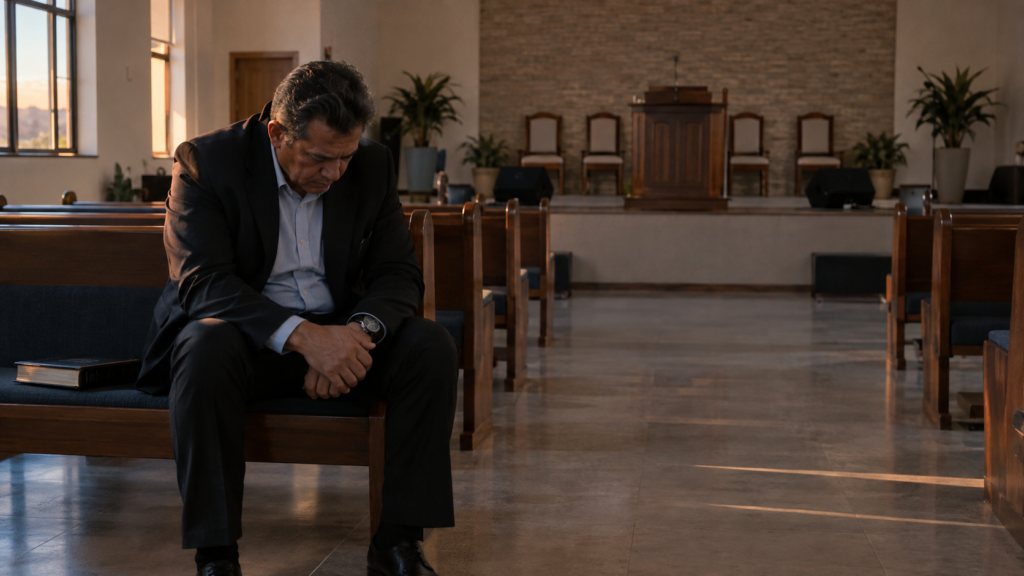 Pastor sentado sozinho em igreja vazia diante do esgotamento ministerial.