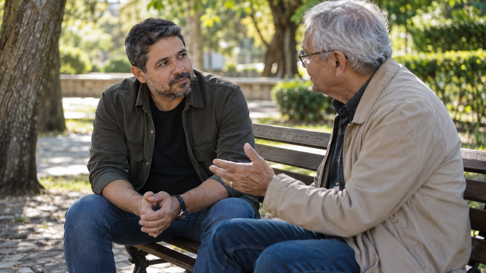 Pastor conversando com um mentor sobre cansaço e saúde ministerial.