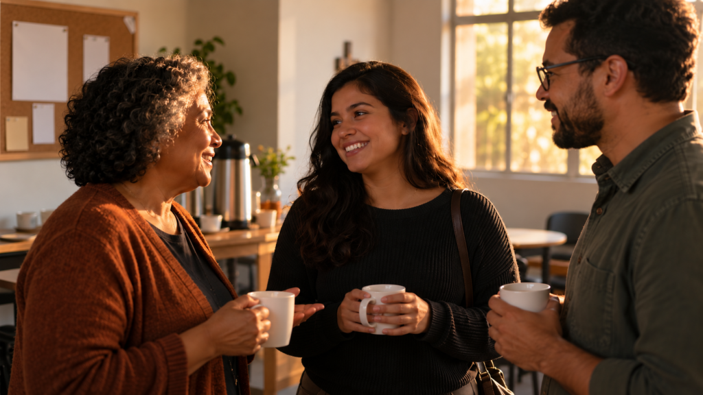 Três pessoas conversam com xícaras de café após o culto, em ambiente acolhedor.