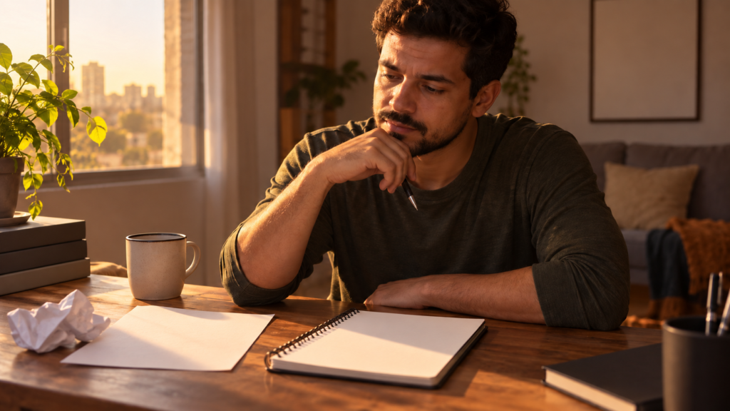 Homem reflete à mesa diante de um caderno em branco após uma decisão difícil.