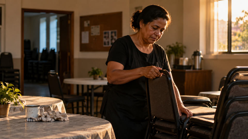 Mulher organiza cadeiras após atividade na igreja, iluminada pela luz dourada do fim do dia.