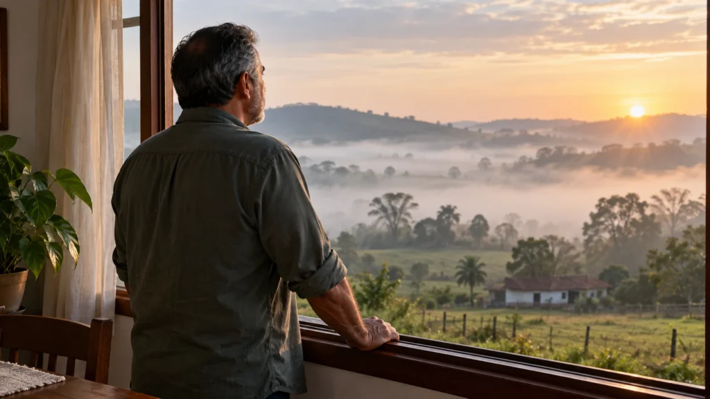 Homem observa uma paisagem coberta por neblina enquanto a luz da manhã aparece.