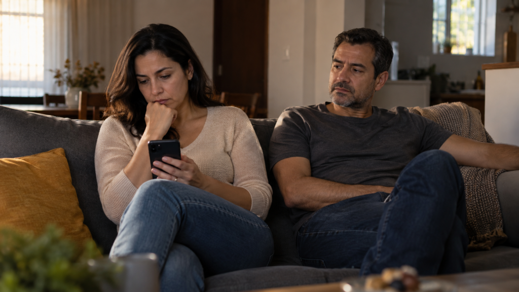 Casal refletindo sobre a comparação nas redes sociais e o casamento.