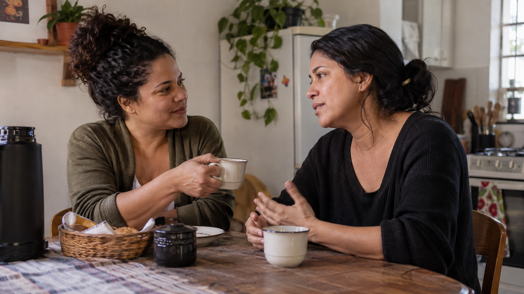 Mulher recebendo escuta e cuidado de uma amiga.