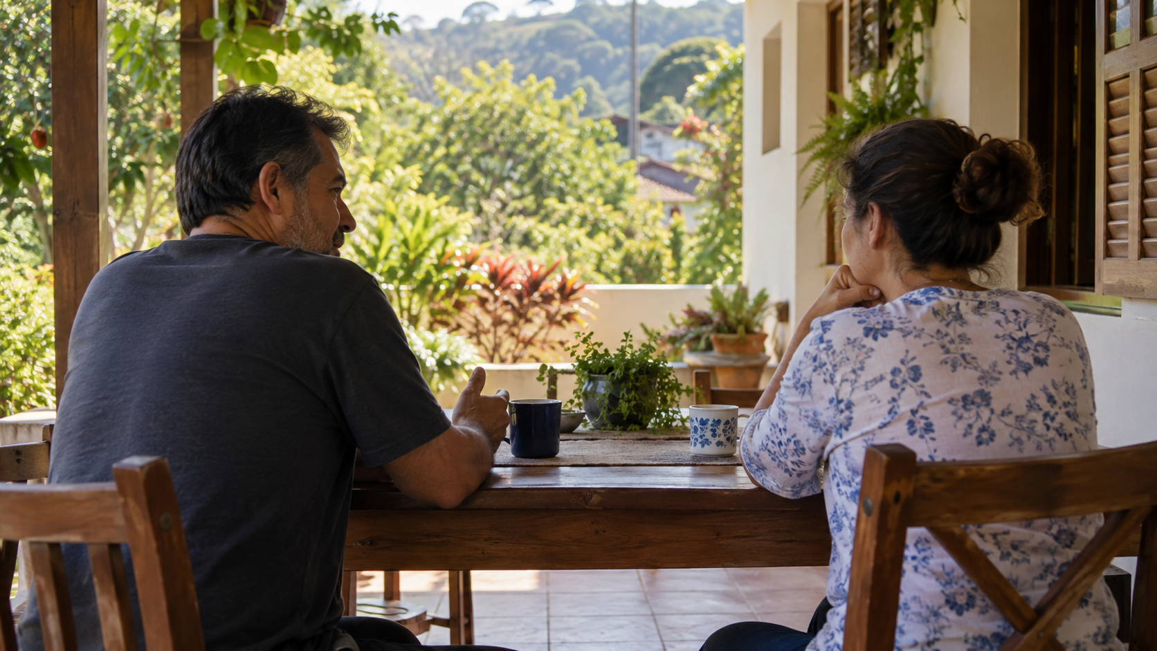 Dois familiares adultos conversam com calma à mesa numa varanda