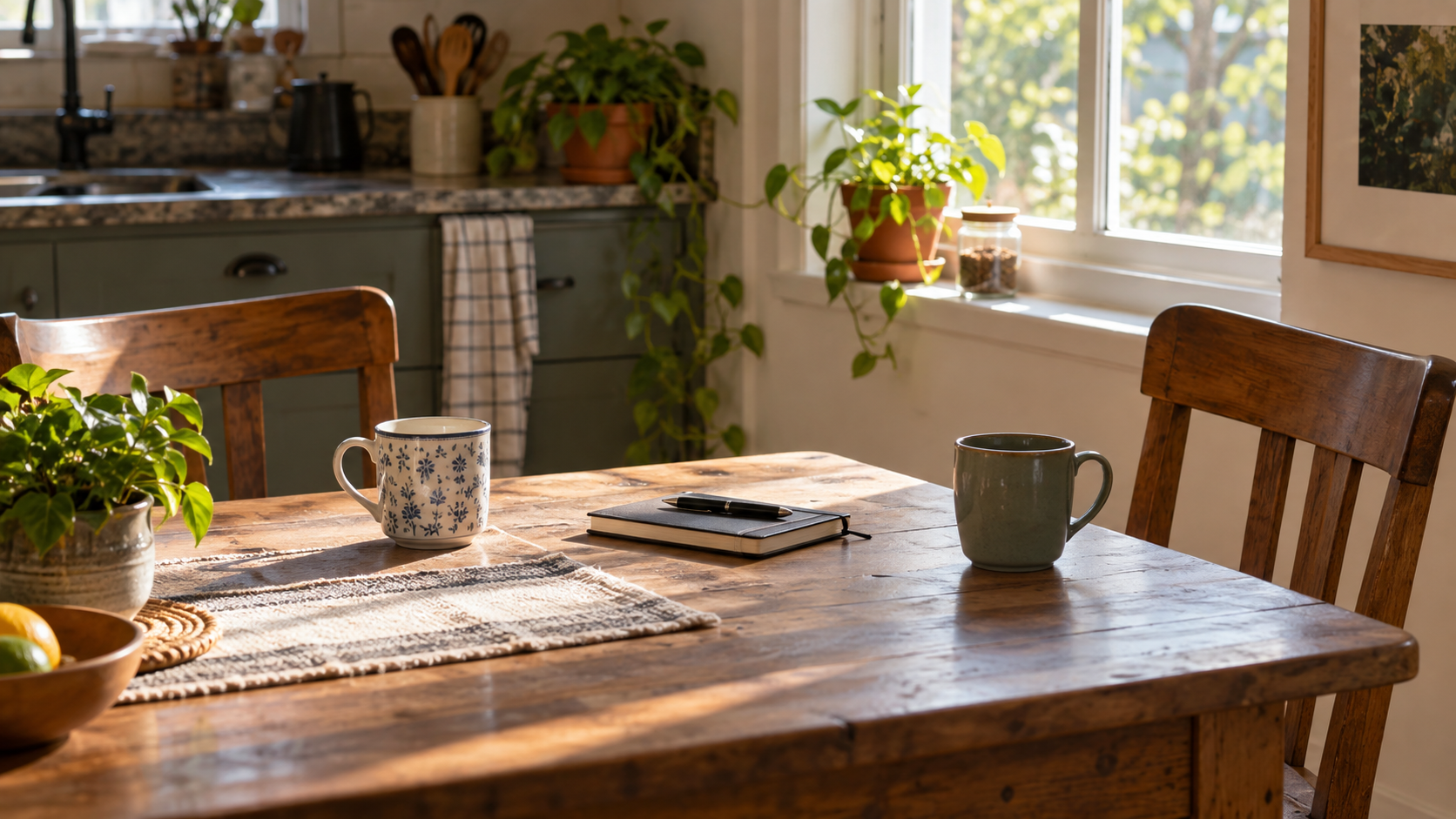 Duas cadeiras e duas canecas à mesa, espaço preparado para uma conversa sobre o relacionamento
