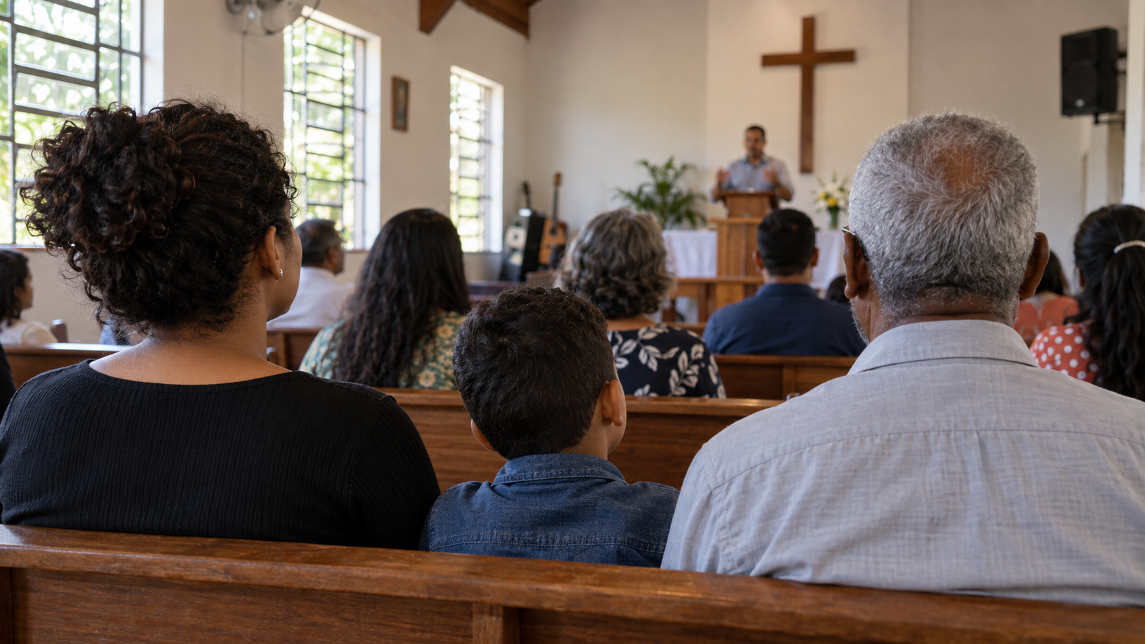 Pessoas de diferentes idades ouvem uma pregação em uma igreja, vistas de trás.