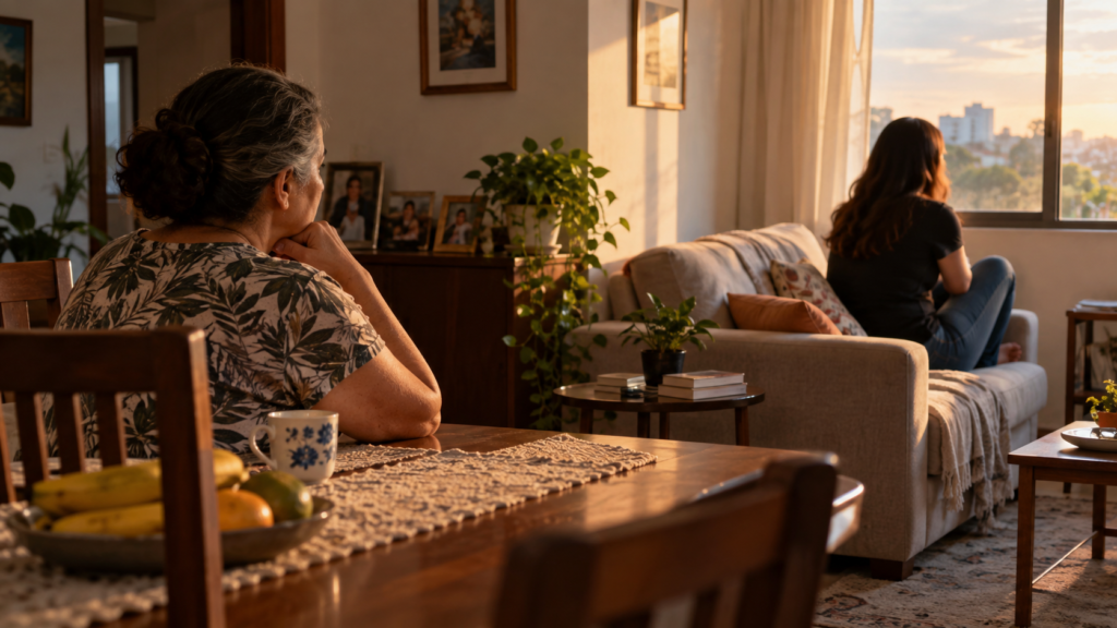 Mãe e filha adultas afastadas após uma decepção familiar em casa