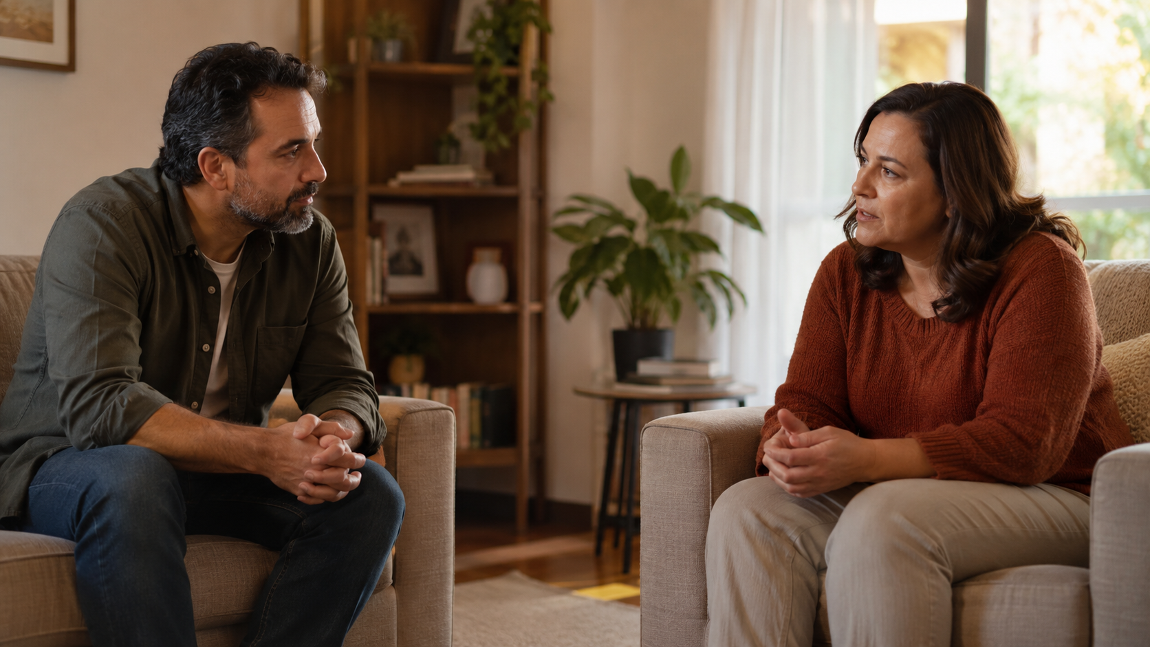 Duas pessoas conversando com respeito e mantendo limites após uma quebra de confiança.