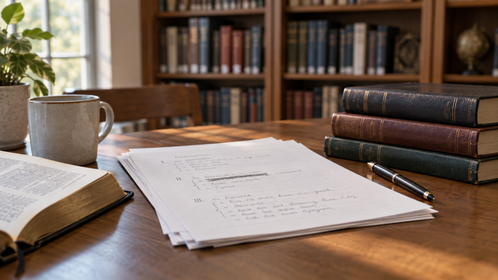 Esboço de sermão em revisão sobre uma mesa de estudo, com livros e caneta.