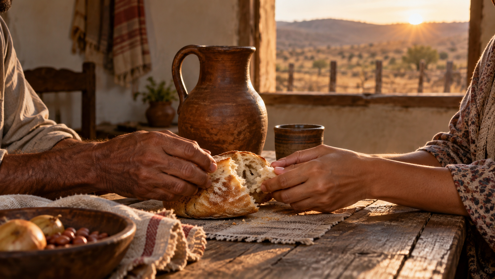 Duas pessoas repartem pão em uma mesa simples, sinal de cuidado e solidariedade na escassez