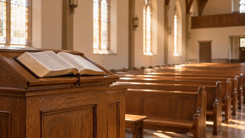 Púlpito vazio com Bíblia aberta em uma igreja, representando o preparo fiel de uma pregação