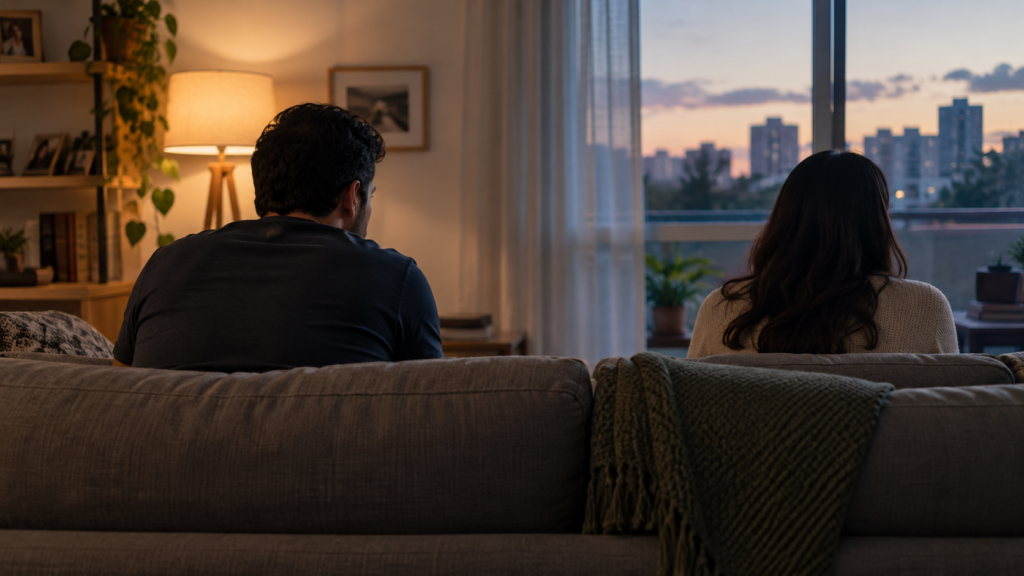Casal sentado com distância no sofá durante conversa difícil sobre o relacionamento