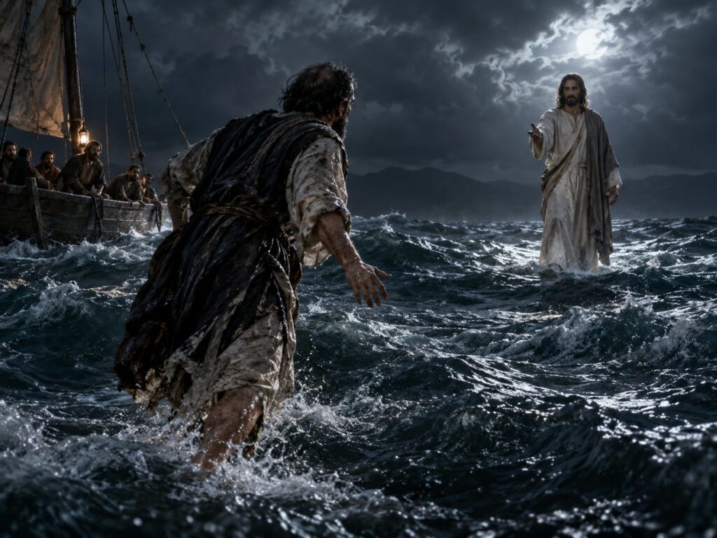 Pedro caminhando sobre as águas em direção a Jesus durante a tempestade