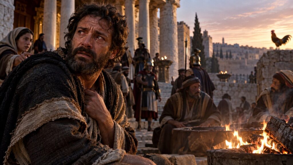 Pedro no pátio após negar Jesus ao amanhecer