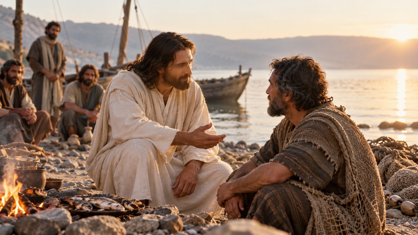 Jesus ressuscitado conversa com Pedro à margem do mar da Galileia