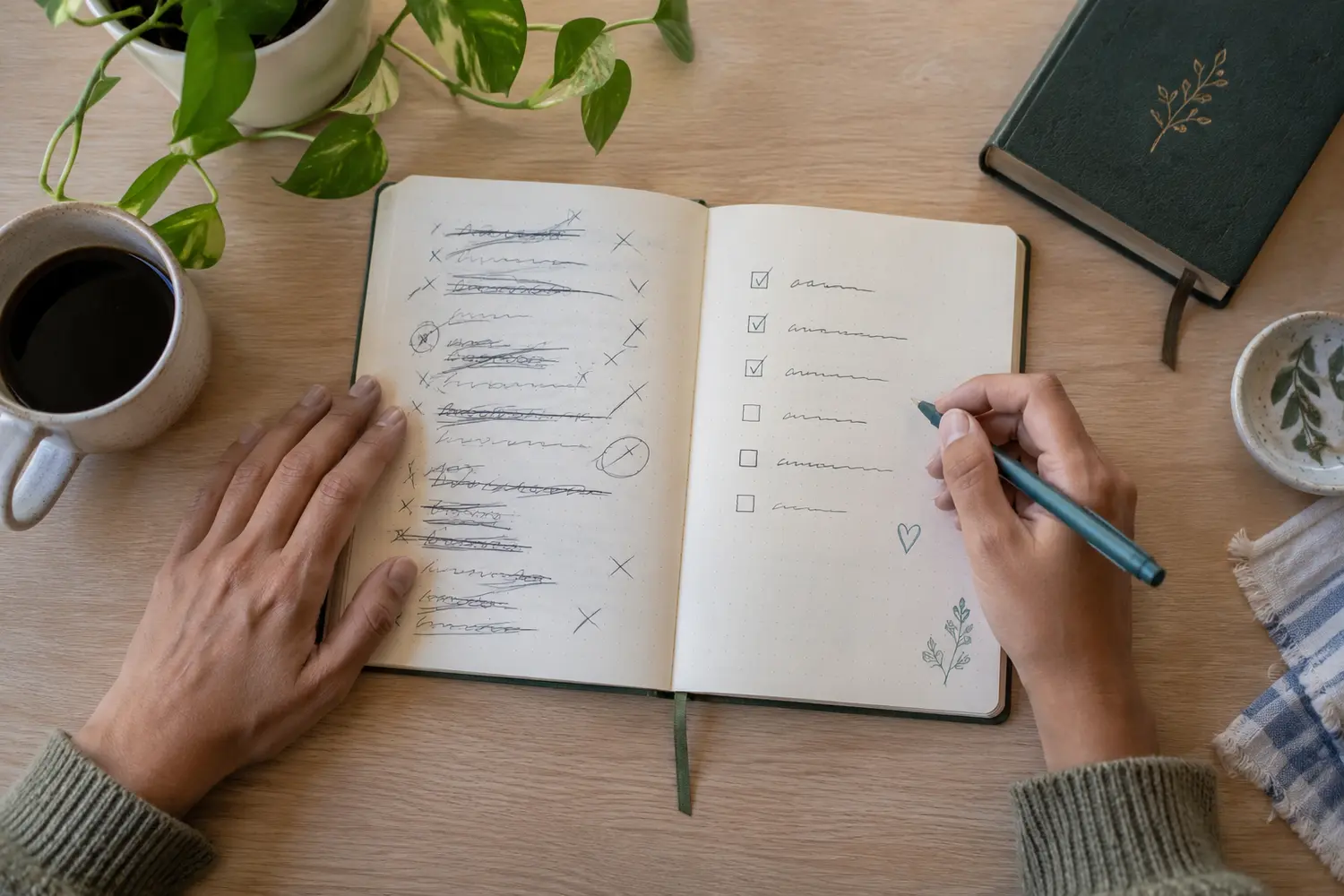 Mãos diante de um caderno que mostra autocobrança e progresso possível