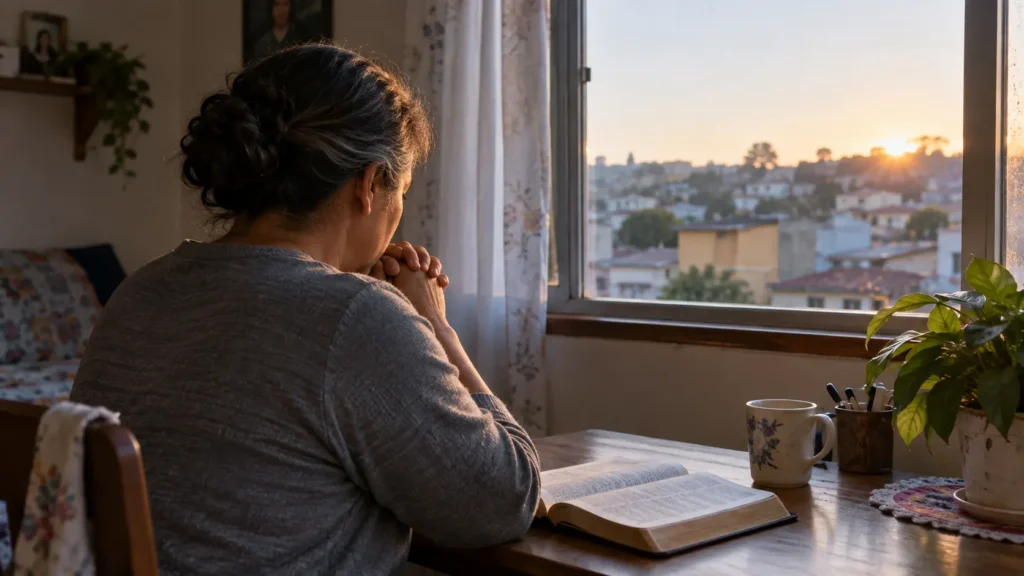 Pessoa orando em intercessão ao amanhecer, simbolizando fé e esperança