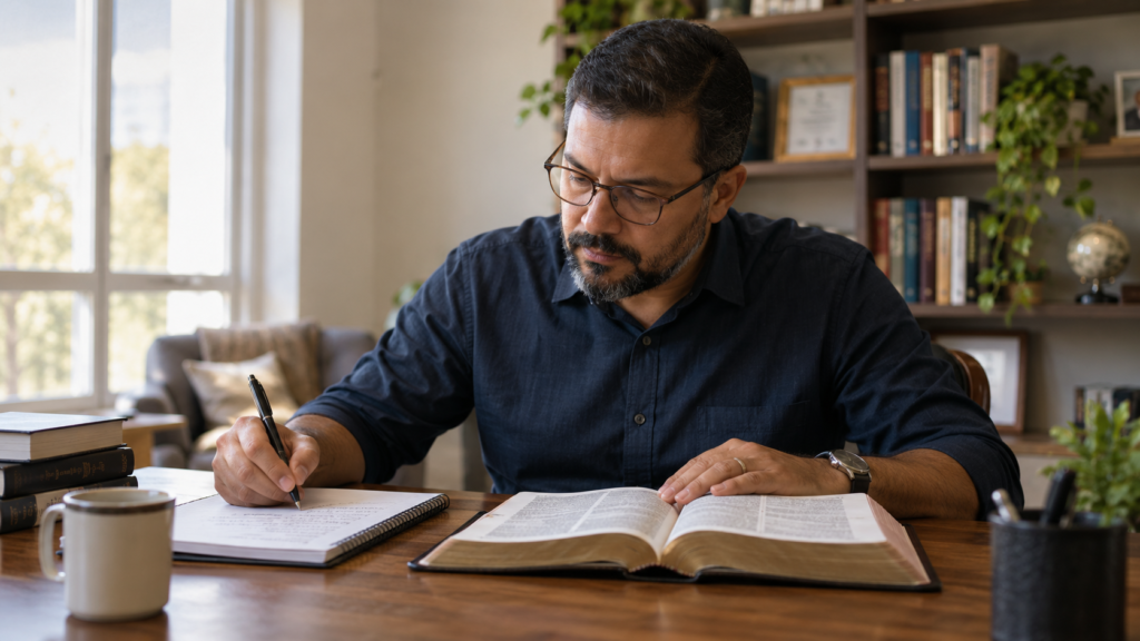 Pastor preparando uma pregação com a Bíblia aberta, caderno e caneta.