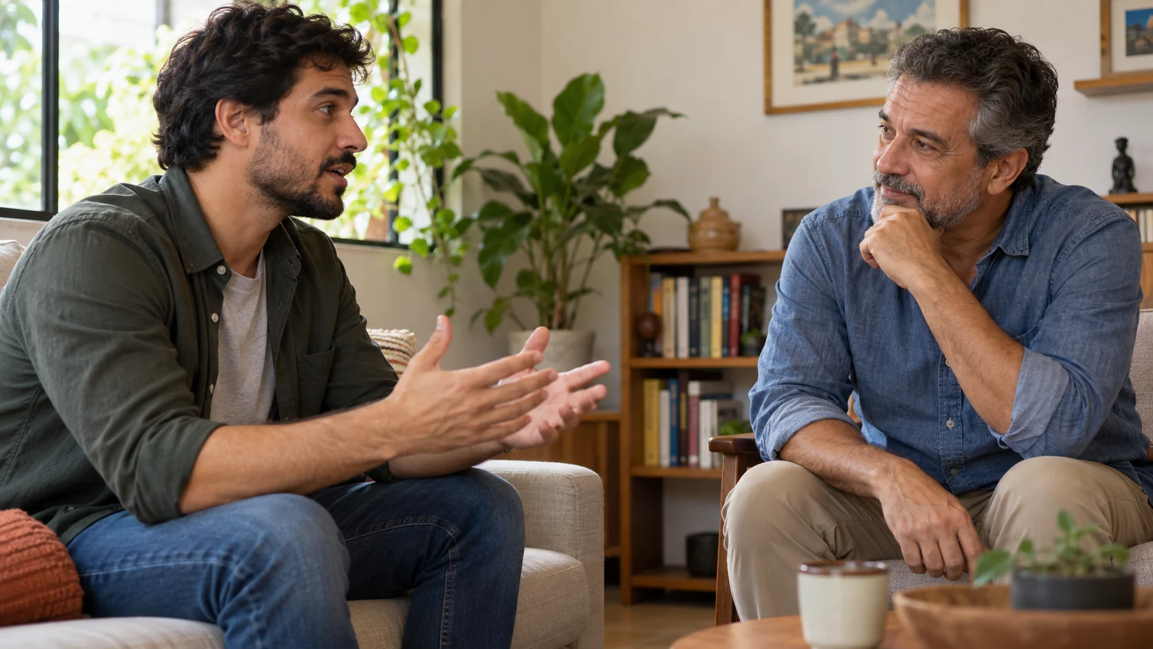 Dois homens conversam com calma enquanto um deles escuta atentamente.