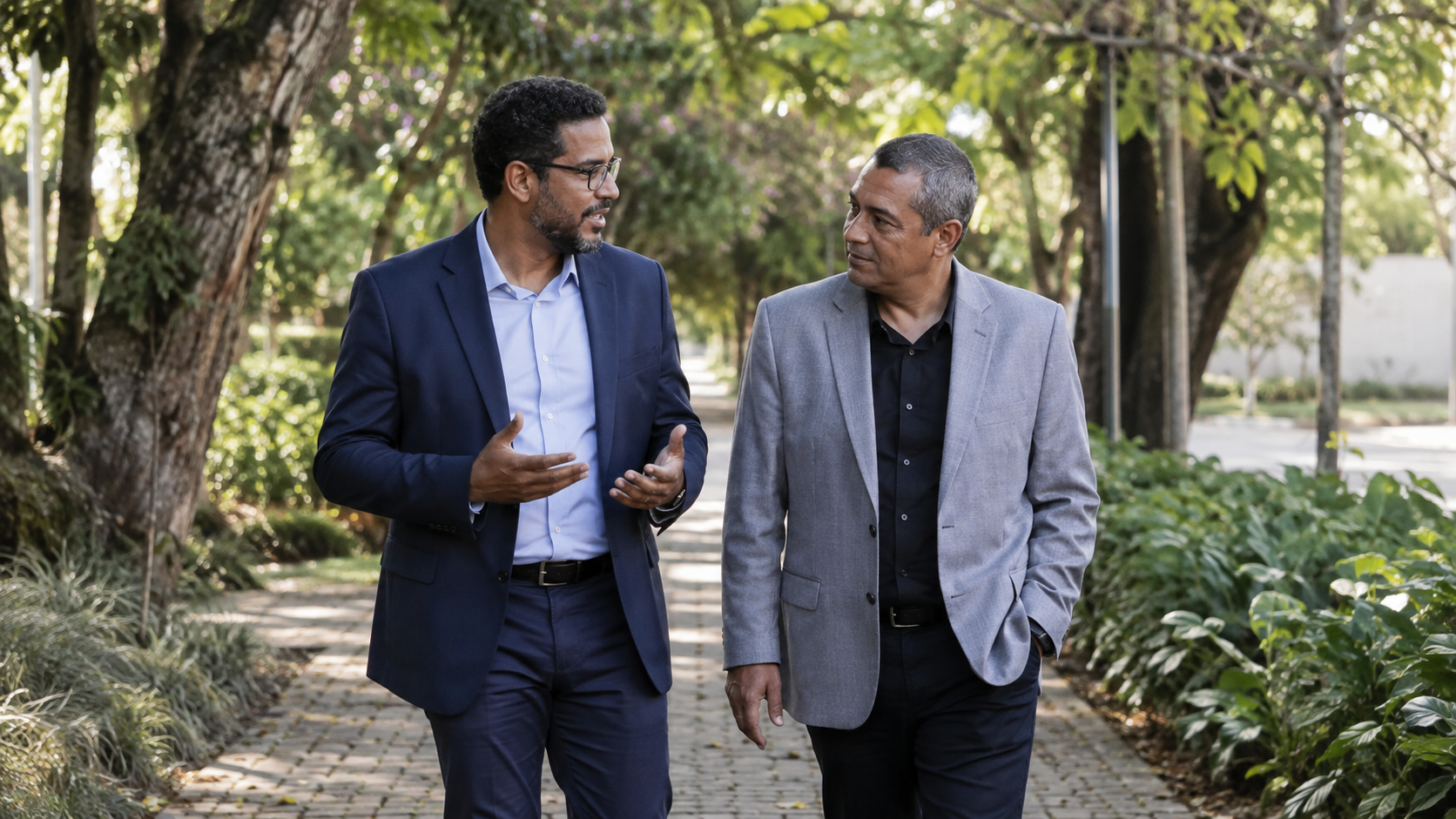 Dois pastores conversando como amigos fora do ambiente formal do ministério.
