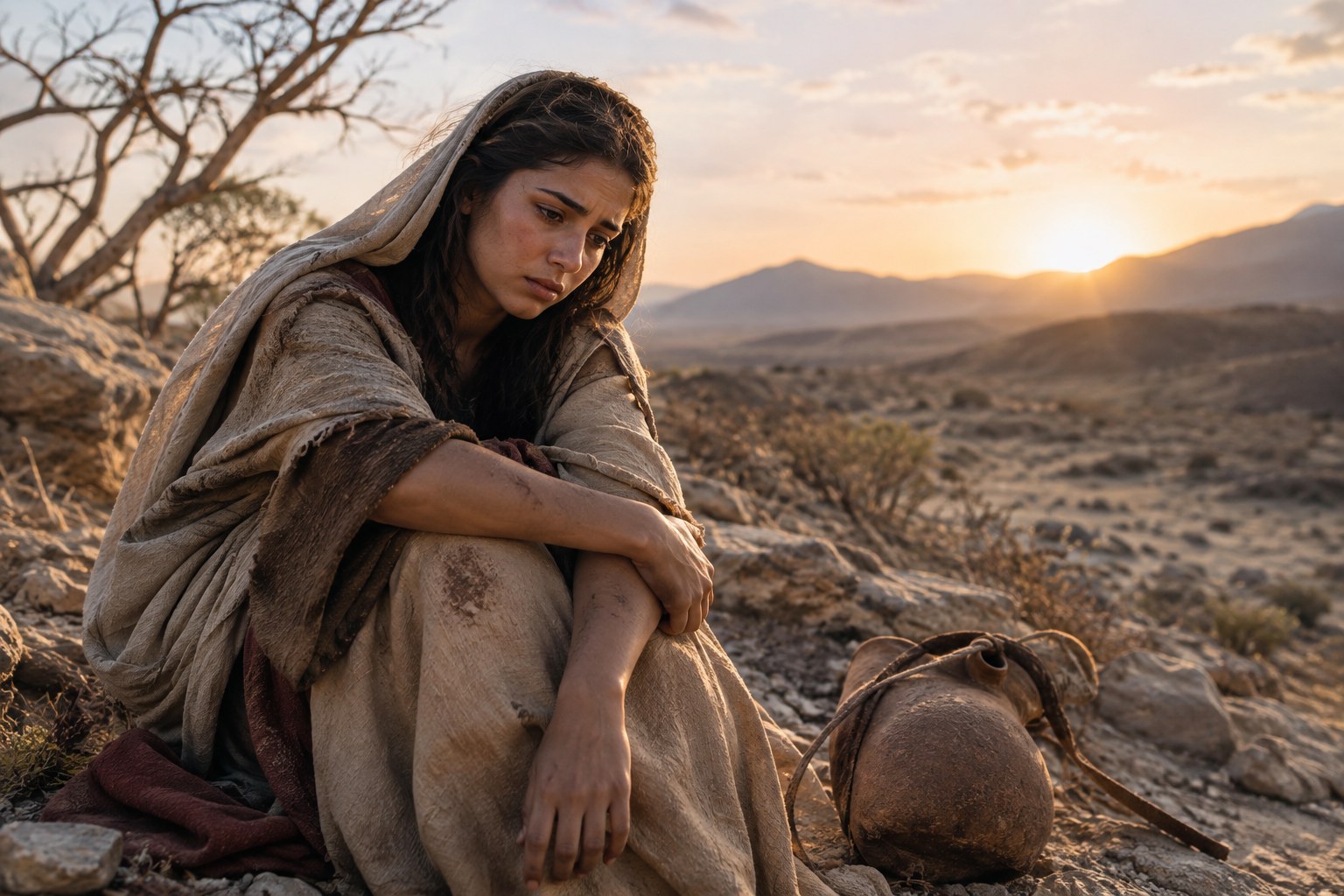 Agar sozinha no deserto em cena inspirada em Gênesis 16