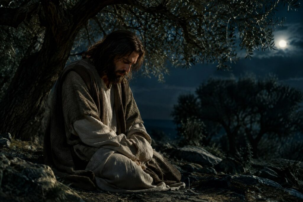 Jesus em oração no jardim do Getsêmani antes de sua prisão e crucificação.